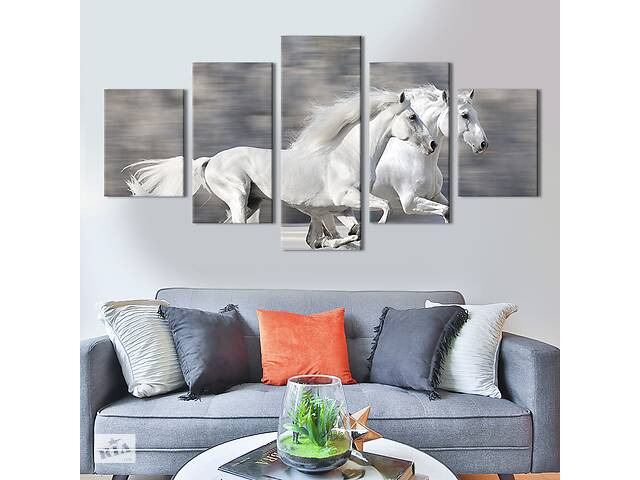 Модульная картина из 5 частей на холсте KIL Art Белые лошади 162x80 см (141-52)