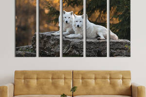 Модульная картина из 5 частей на холсте KIL Art Белые волки на каменной плите 132x80 см (179-51)