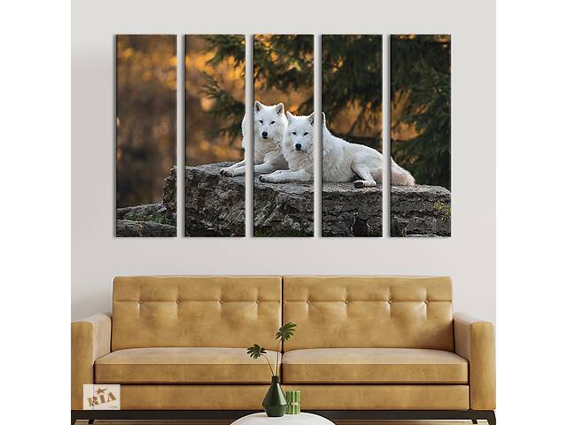 Модульная картина из 5 частей на холсте KIL Art Белые волки на каменной плите 132x80 см (179-51)