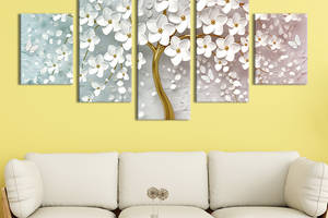 Модульная картина из 5 частей на холсте KIL Art Белые цветы на золотом дереве 162x80 см (272-52)