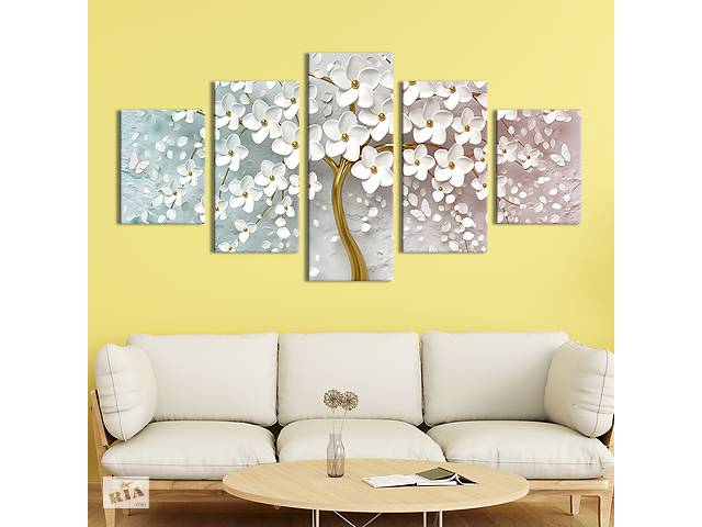 Модульная картина из 5 частей на холсте KIL Art Белые цветы на золотом дереве 162x80 см (272-52)
