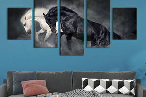 Модульная картина из 5 частей на холсте KIL Art Чёрная и белая лошади в тумане 162x80 см (201-52)
