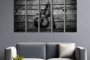 Модульная картина из 5 частей на холсте KIL Art Чёрная скрипка на деревянном столе 87x50 см (538-51)