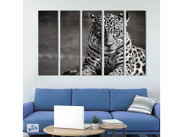Модульная картина из 5 частей на холсте KIL Art Чёрно-белый ягуар 155x95 см (177-51)