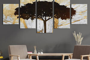 Модульная картина из 5 частей на холсте KIL Art Черное дерево на золотом мраморе 187x94 см (MK53636)
