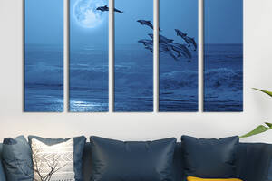 Модульная картина из 5 частей на холсте KIL Art Дельфины и луна 132x80 см (209-51)
