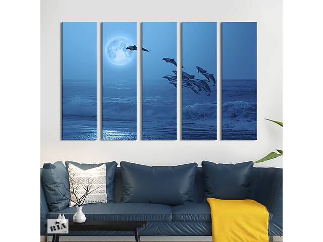 Модульная картина из 5 частей на холсте KIL Art Дельфины и луна 132x80 см (209-51)