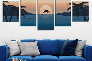 Модульная картина из 5 частей на холсте KIL Art Дельфин и пальмы 162x80 см (MK53612)