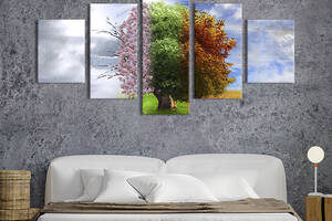 Модульная картина из 5 частей на холсте KIL Art Дерево в разных временах года 187x94 см (585-52)