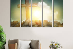 Модульная картина из 5 частей на холсте KIL Art Деревянный крест в лучах солнца 132x80 см (474-51)