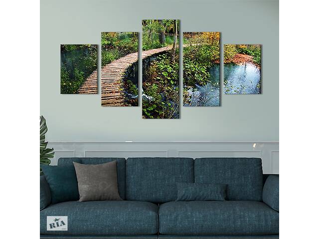 Модульная картина из 5 частей на холсте KIL Art Деревяный мостик над прудом 187x94 см (550-52)