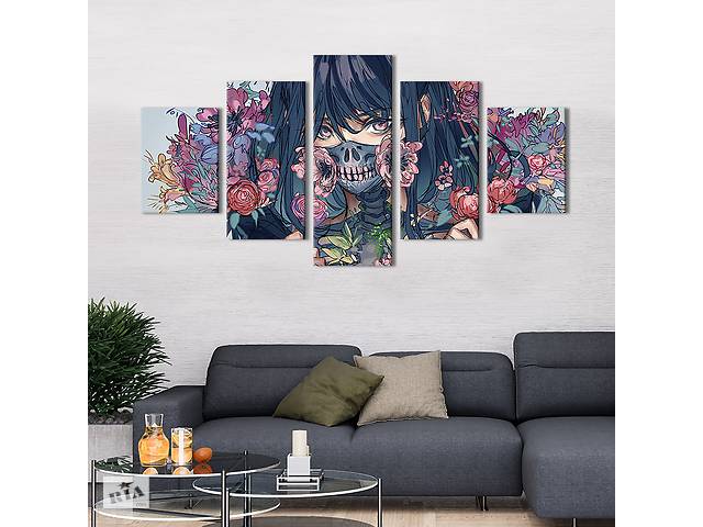 Модульная картина из 5 частей на холсте KIL Art Девушка с цветами из аниме 162x80 см (679-52)