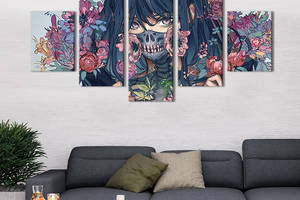 Модульная картина из 5 частей на холсте KIL Art Девушка с цветами из аниме 112x54 см (679-52)