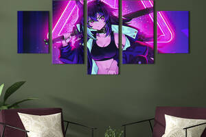 Модульная картина из 5 частей на холсте KIL Art Девушка аниме cyberpunk 162x80 см (693-52)