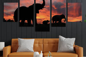 Модульная картина из 5 частей на холсте KIL Art Дружная семья слонов 112x54 см (136-52)