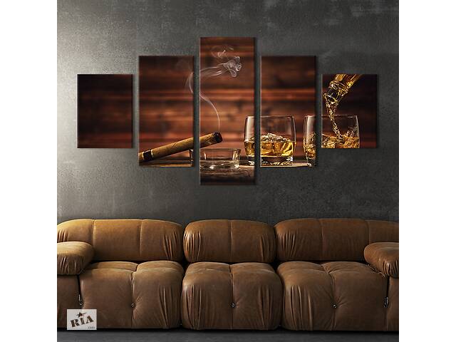 Модульная картина из 5 частей на холсте KIL Art Два стакана виски и сигара 112x54 см (303-52)