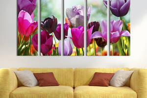 Модульная картина из 5 частей на холсте KIL Art Диковынные лиловые тюльпаны 132x80 см (224-51)