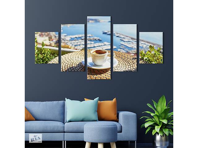 Модульная картина из 5 частей на холсте KIL Art Горячий кофе и морская свежесть 162x80 см (302-52)