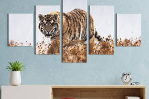 Модульная картина из 5 частей на холсте KIL Art Крадущийся в цветах тигр 187x94 см (183-52)