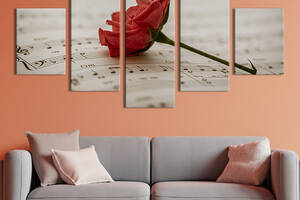Модульная картина из 5 частей на холсте KIL Art Красная роза на нотном листе 112x54 см (217-52)