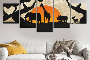 Модульная картина из 5 частей на холсте KIL Art Красное солнце и животные саванны 112x54 см (MK53618)
