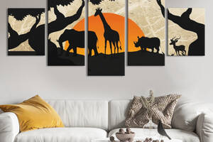 Модульная картина из 5 частей на холсте KIL Art Красное солнце и животные саванны 187x94 см (MK53618)