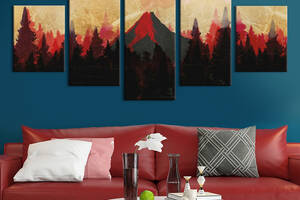 Модульная картина из 5 частей на холсте KIL Art Красный вулкан в лесу 162x80 см (MK53634)