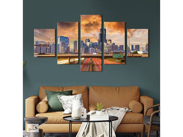 Модульная картина из 5 частей на холсте KIL Art Красивый город Чикаго в Америке 187x94 см (399-52)