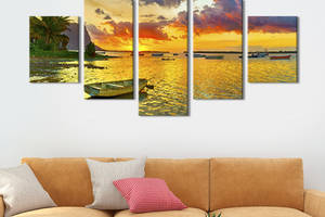 Модульная картина из 5 частей на холсте KIL Art Красивый закат над рыбацкой гаванью 162x80 см (441-52)