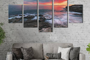 Модульная картина из 5 частей на холсте KIL Art Красивый розовый закат на берегу теплого моря 162x80 см