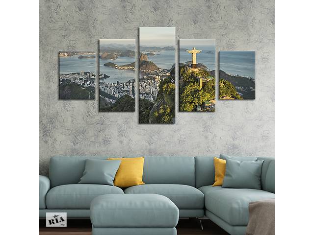 Модульная картина из 5 частей на холсте KIL Art Красивый панорамный вид на статую Христа в Бразилии 112x54 см