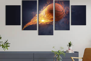 Модульная картина из 5 частей на холсте KIL Art Красивый огненный баскетбольный мяч 187x94 см (492-52)