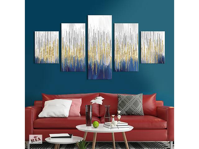 Модульная картина из 5 частей на холсте KIL Art Красивое сине-белотно полотно с золотыми линиями 162x80 см
