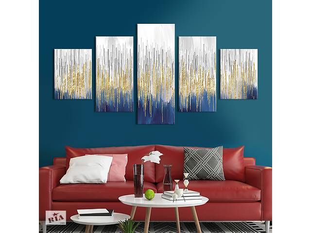 Модульная картина из 5 частей на холсте KIL Art Красивое сине-белотно полотно с золотыми линиями 187x94 см