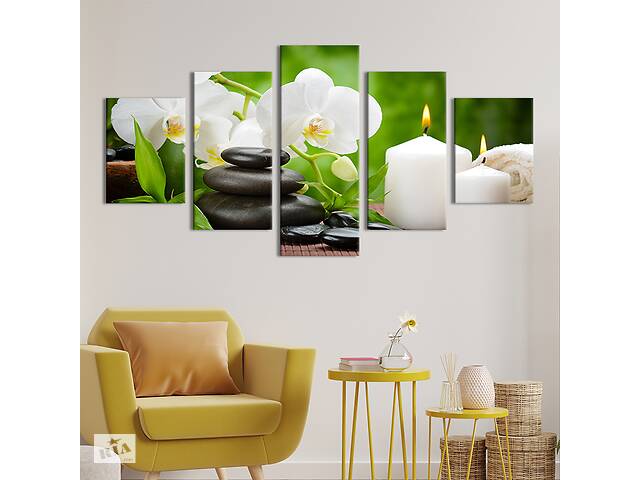 Модульная картина из 5 частей на холсте KIL Art Красивая ветка белой орхидеи и зажженные свечи 162x80 см
