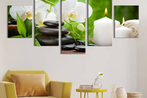 Модульная картина из 5 частей на холсте KIL Art Красивая ветка белой орхидеи и зажженные свечи 112x54 см
