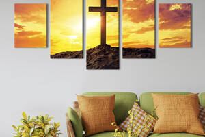 Модульная картина из 5 частей на холсте KIL Art Крест на горе в лучах заката 187x94 см (472-52)