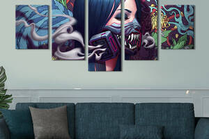 Модульная картина из 5 частей на холсте KIL Art Киберпанк девушка в противогазе из аниме 112x54 см (694-52)