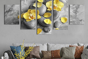 Модульная картина из 5 частей на холсте KIL Art Лепестки жёлтой орхидеи и дзен-камни 187x94 см (75-52)