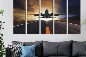 Модульная картина из 5 частей на холсте KIL Art Летящий самолёт на рассвете 132x80 см (94-51)