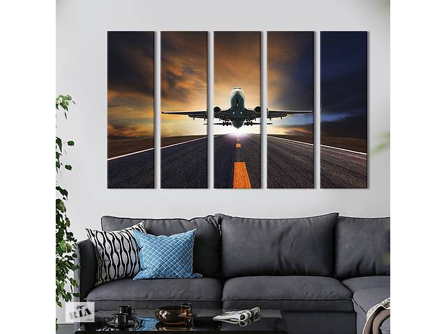 Модульная картина из 5 частей на холсте KIL Art Летящий самолёт на рассвете 155x95 см (94-51)