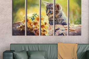 Модульная картина из 5 частей на холсте KIL Art Любопытный котёнок и цветы 155x95 см (152-51)