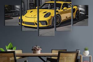 Модульная картина из 5 частей на холсте KIL Art Люксовый жёлтый Porsche 112x54 см (112-52)