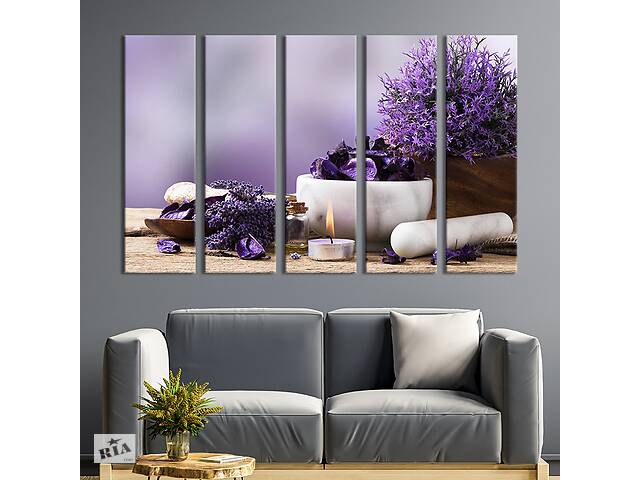 Модульная картина из 5 частей на холсте KIL Art Маленькая свеча и фиолетовые цветы 155x95 см (78-51)