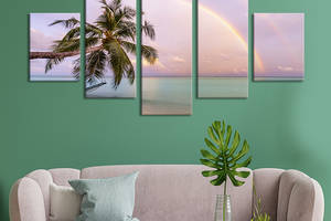 Модульная картина из 5 частей на холсте KIL Art Морская радуга над одинокой пальмой 187x94 см (451-52)