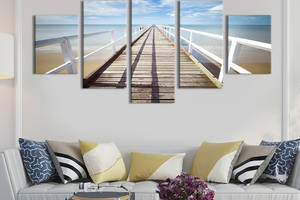 Модульная картина из 5 частей на холсте KIL Art Морской деревянный пирс с белыми перилами 162x80 см