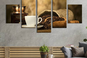 Модульная картина из 5 частей на холсте KIL Art Натюрморт с кофе и кофемолкой 162x80 см (291-52)
