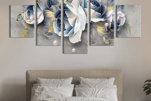Модульная картина из 5 частей на холсте KIL Art Нежно-голубые розы с бабочками 112x54 см (264-52)
