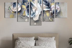 Модульная картина из 5 частей на холсте KIL Art Нежно-голубые розы с бабочками 187x94 см (264-52)
