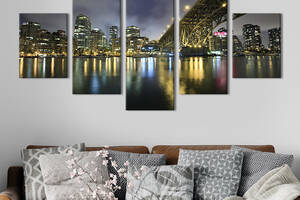 Модульная картина из 5 частей на холсте KIL Art Ночной город на берегу большой реки 162x80 см (323-52)